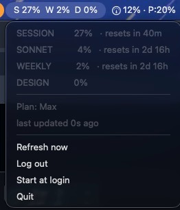 Claude Bar Menu Bar Widget in Action